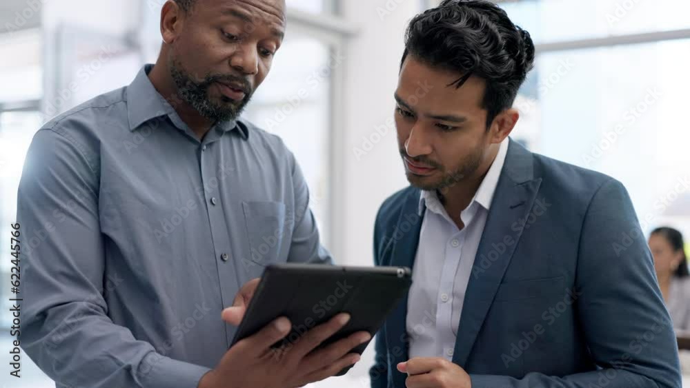 Collaboration, tablet and business men in discussion in office for online report, review and research. Teamwork, meeting and male worker with manager on digital tech for planning, ideas and strategy