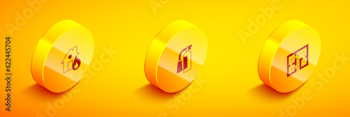 Set Isometric Fire in burning house, extinguisher and Evacuation plan icon. Vector