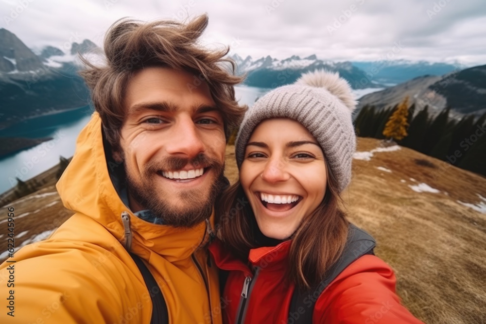 Selfie photo of happy smiling cute couple hikers during traveling together at beautiful destination in the mountains