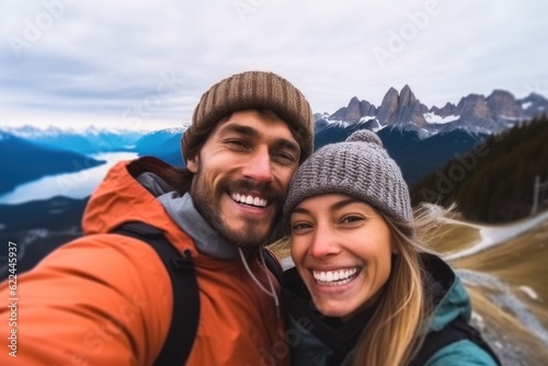 Selfie photo of happy smiling cute couple hikers during traveling together at beautiful destination in the mountains