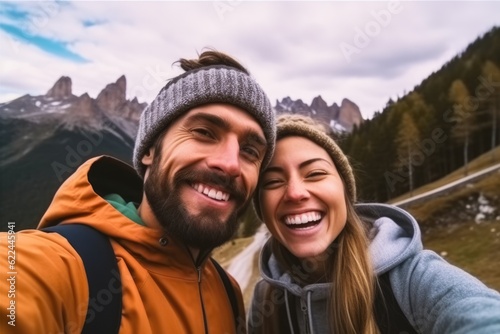 Selfie photo of happy smiling cute couple hikers during traveling together at beautiful destination in the mountains