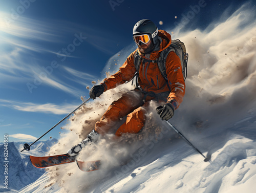 In the bright sun and against a backdrop of a blue sky, a skier gracefully glides down the slopes. Generative AI