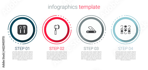Set Fork and spoon, Wooden axe, Swiss army knife and Grilled shish kebab skewer. Business infographic template. Vector