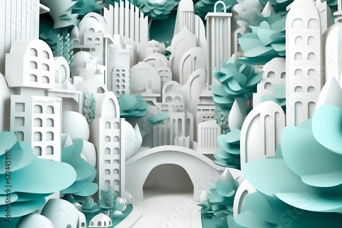 Eco-friendly futuristic city design with lots of trees in paper cut art style. Generative AI.