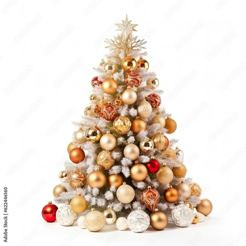 Snowy white Christmas tree with golden and red balls isolated on white background. Generative AI. Snowy white Christmas tree with golden and red balls isolated on white background. Generative AI.