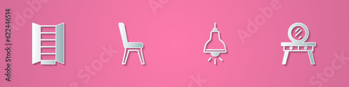 Set paper cut Wardrobe, Chair, Lamp hanging and Dressing table icon. Paper art style. Vector