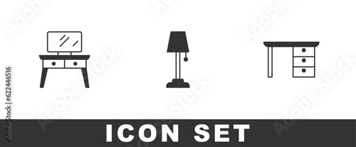 Set Dressing table, Floor lamp and Office desk icon. Vector