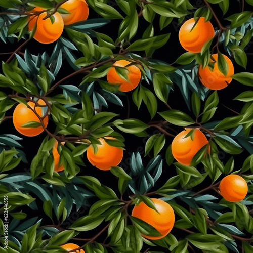 Beautiful seamless pattern oranges and flowers on black background in vintage style. AI generated.
