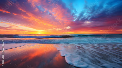 Serene Sunrise Beach  Tranquil Shoreline with Vibrant Colors   Stock Photo