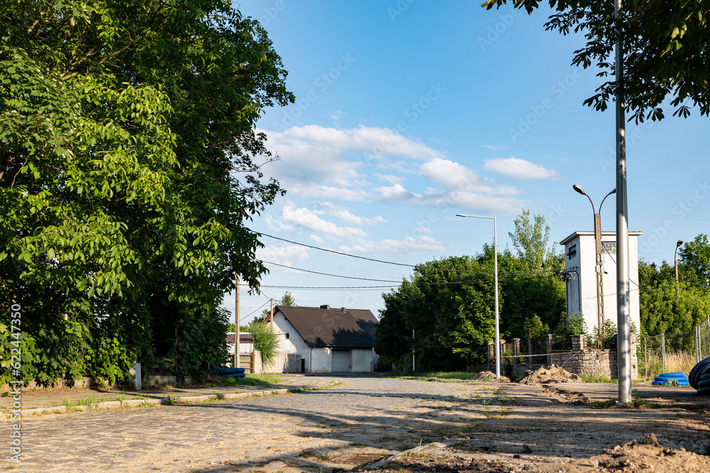 Panorama kamiennej dróżki w porze letniej miejskiego obszaru zachodniej Polski w godzinach popołudniowych - obrazy, fototapety, plakaty 