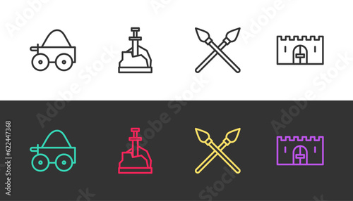 Set line Wooden four-wheel cart, Sword in the stone, Crossed medieval spears and Medieval castle gate on black and white. Vector