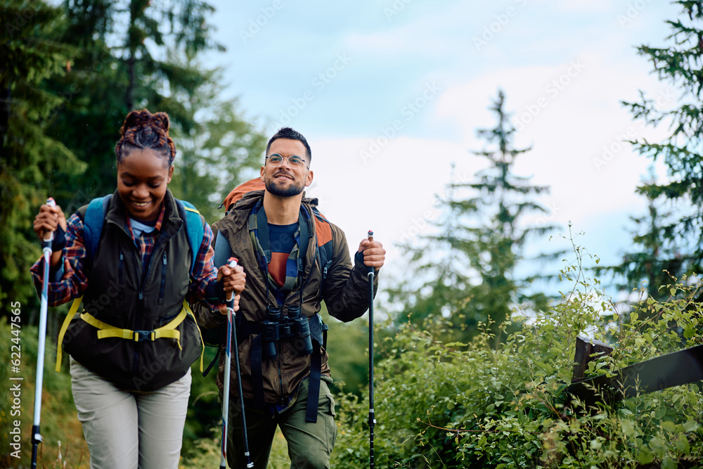 Young hiker and his black girlified using hiking poles while walking in nature during rainy day.