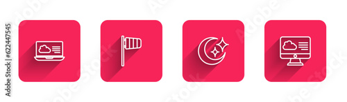 Set line Weather forecast, Cone windsock wind vane, Moon and stars and with long shadow. Red square button. Vector
