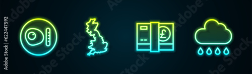 Set line British breakfast, England map, Pound sterling money and Cloud with rain. Glowing neon icon. Vector