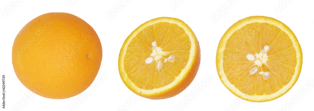orange and slice of orange isolated on transparent background without shadow.