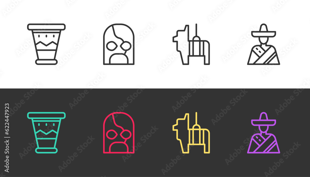 Set line Mexican drum, wrestler, Pinata and man sombrero on black and white. Vector Set line Mexican drum, wrestler, Pinata and man sombrero on black and white. Vector