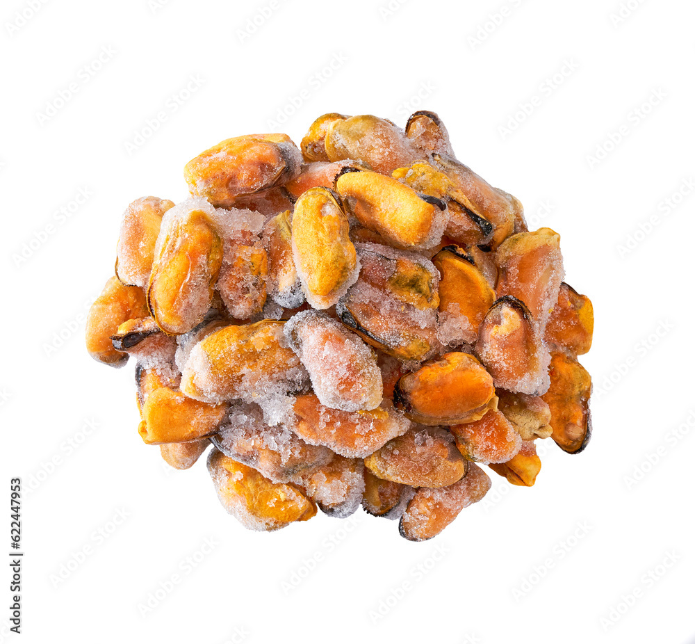 Heap of frozen peeled mussel meat isolated on a white background, top view.