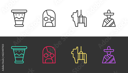 Set line Mexican drum, wrestler, Pinata and man sombrero on black and white. Vector