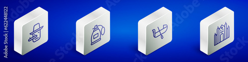 Set Isometric line Pinocchio, Perfume, Gondola and Milan Cathedral icon. Vector