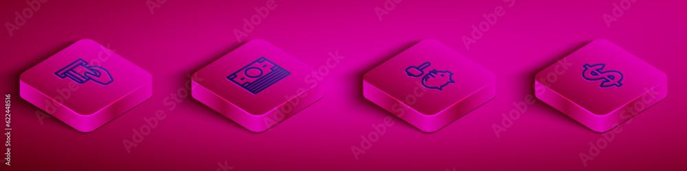 Set Isometric line Credit card inserted, Stacks paper money cash, Piggy bank and hammer and Dollar symbol icon. Vector