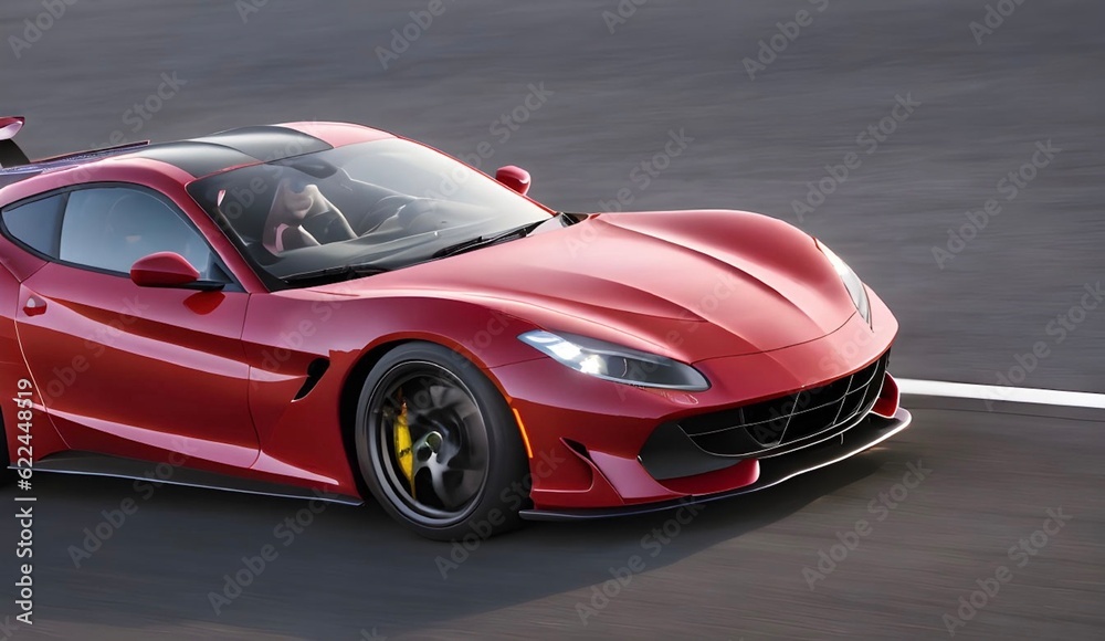 Red generic unbranded sports car in motion, created using generative ai tools. Red generic unbranded sports car in motion, created using generative ai tools.