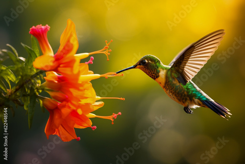 Hummingbird flying next to flower, eating. Generative AI. © Sami