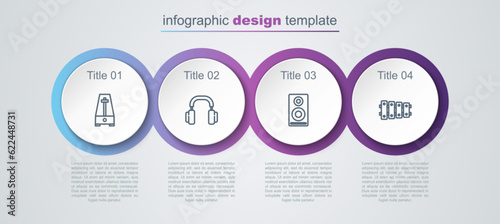 Set line Metronome with pendulum, Headphones, Stereo speaker and Xylophone. Business infographic template. Vector