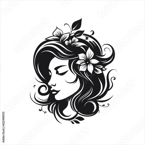 Beauty female portrait illustration, black and white.