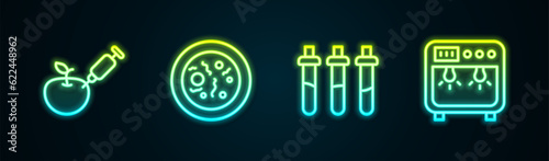 Set line Genetically modified apple, Petri dish with bacteria, Reagent bottle and Biosafety box. Glowing neon icon. Vector