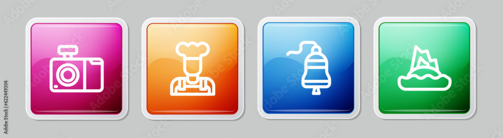 Set line Photo camera, Cook, Ship bell and Tropical island in ocean. Colorful square button. Vector Set line Photo camera, Cook, Ship bell and Tropical island in ocean. Colorful square button. Vector