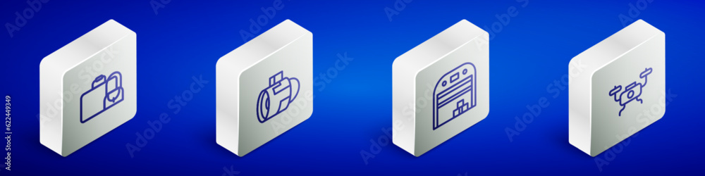 Set Isometric line Suitcase, Jet engine turbine, Aircraft hangar and Drone flying icon. Vector Set Isometric line Suitcase, Jet engine turbine, Aircraft hangar and Drone flying icon. Vector