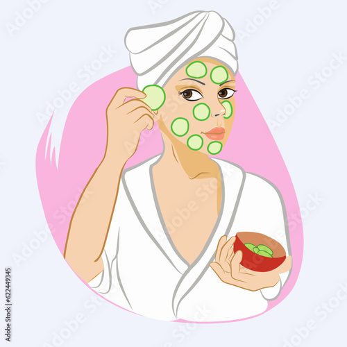 Cucumber mask. Illustration of a girl with a cucumber mask on her face
