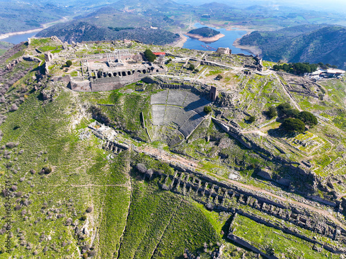 Aerial drone shooting of ancient city of Pergamon acropolis. Izmir - Turkey