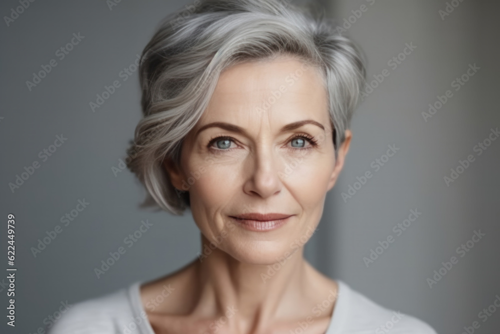 Close-up of beautiful mature woman with gray hair. Generative AI Close-up of beautiful mature woman with gray hair. Generative AI