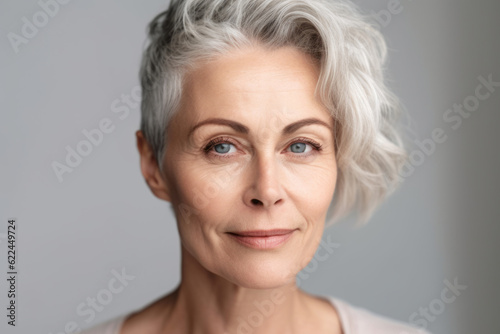 Beautiful Mature Woman with gray Hair Smiling at Camera. Generative AI