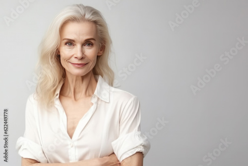 Middle age Woman on gray background with copy space. Generative AI