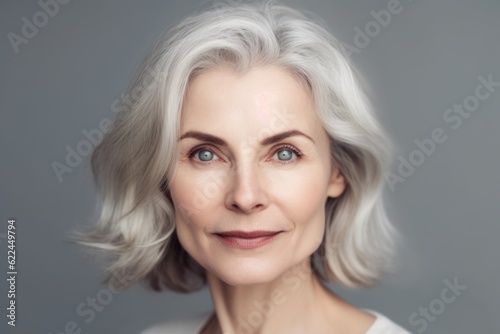 Closeup portrait of mature woman with gray hair. Generative AI