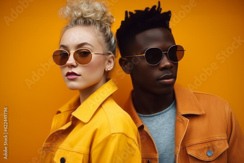 Young Multiracial Couple in Stylish Clothing Poses Together on Yellow Background