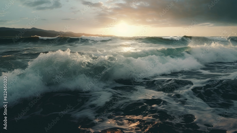 Obraz premium Sea waves near the coast during a storm. Overcast, cloudy, dark sky.