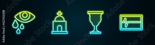 Set line Tear cry eye, Old crypt, Christian chalice and Beat dead in monitor. Glowing neon icon. Vector