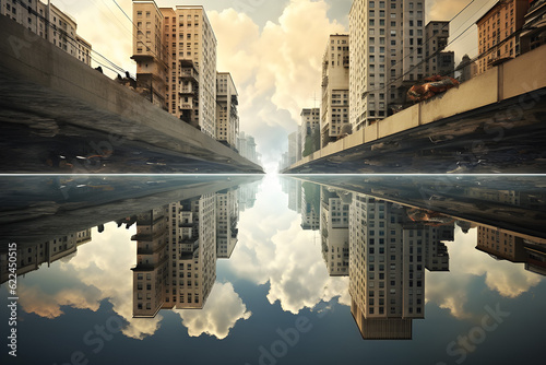 Print:parallel universe,city up and down,same everthing concept,upside down.GenerativeAI.