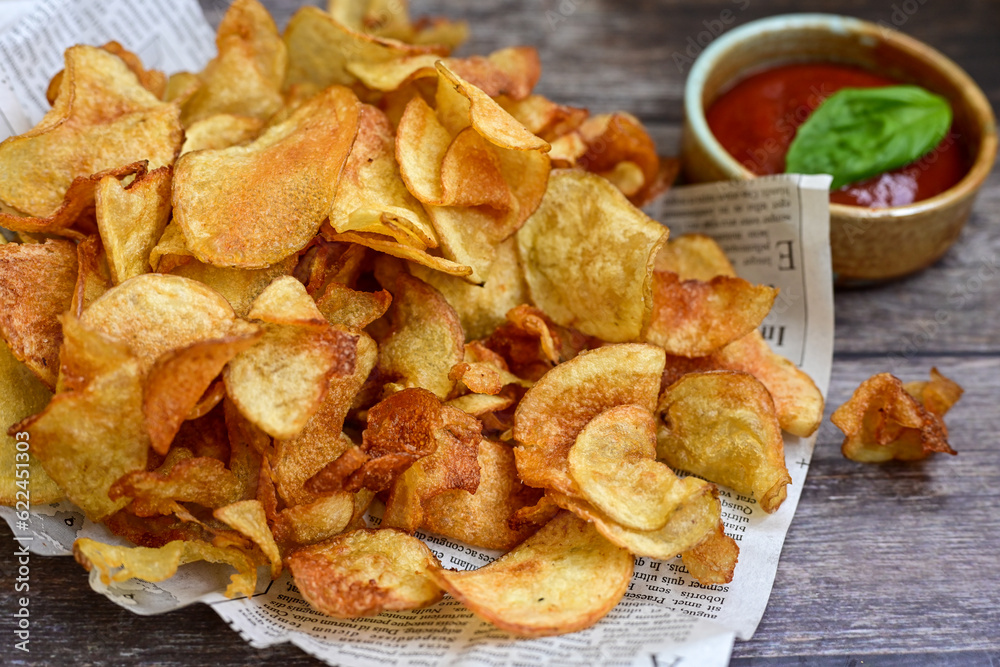 Delicious home made potato chips with sea salt and black pepper against a rustic background. Delicious snack served with sauce. Fast food.Beer snacks