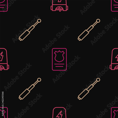 Set line Police electric shocker, Telescopic baton and badge with id case on seamless pattern. Vector