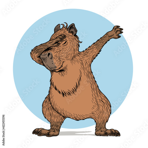 Cute capybara makes dab dance gesture, shows dabbing movement, isolated on white background, vector illustration