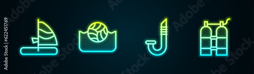 Set line Windsurfing, Water polo, Snorkel and Aqualung. Glowing neon icon. Vector