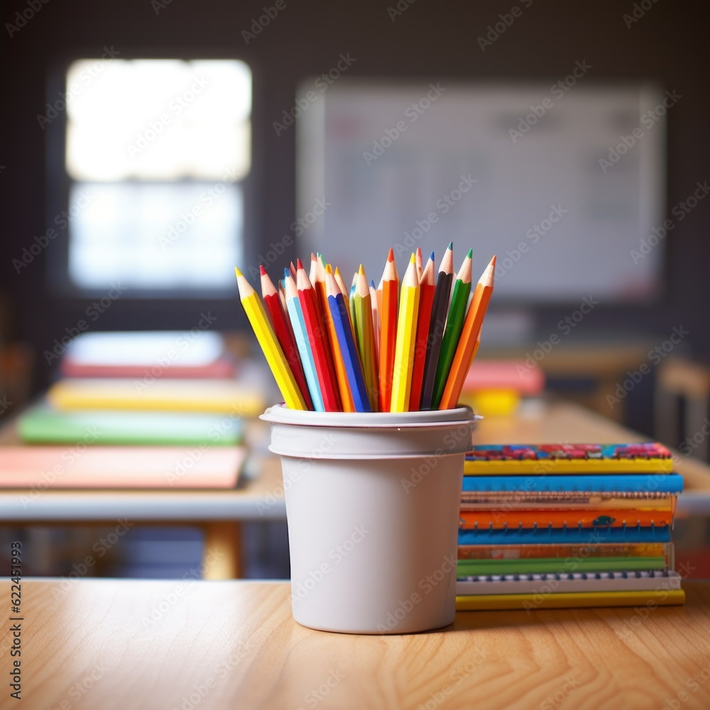 Stilllife illustration of a desk with school furnitures. Books crayons colored pencil. Generative AI.