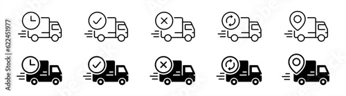 Delivery service icon set in line style. Logistic trucking, Express delivery trucks, Fast shipping truck, delivery 24 hours simple black style symbol sign for apps and website, vector illustration.