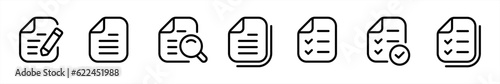 Form icon set in line style. Stack of paper, Checklist, Checkmarks, Magnifier, Pencil, Quality check simple black style symbol sign for apps and website, vector illustration.