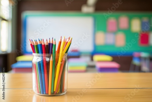 Stilllife illustration of a desk with school furnitures. Colored crayons. Generative AI.