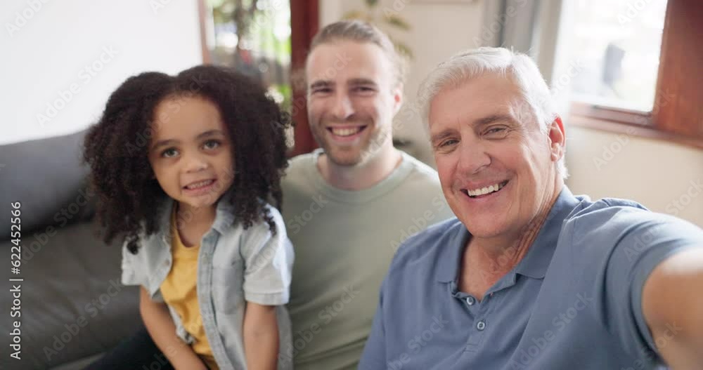Selfie, grandfather with father and child in the home, happiness and memory of interracial family. Care, support and smile in picture, men with girl kid in portrait, bond and social media live stream Selfie, grandfather with father and child in the home, happiness and memory of interracial family. Care, support and smile in picture, men with girl kid in portrait, bond and social media live stream